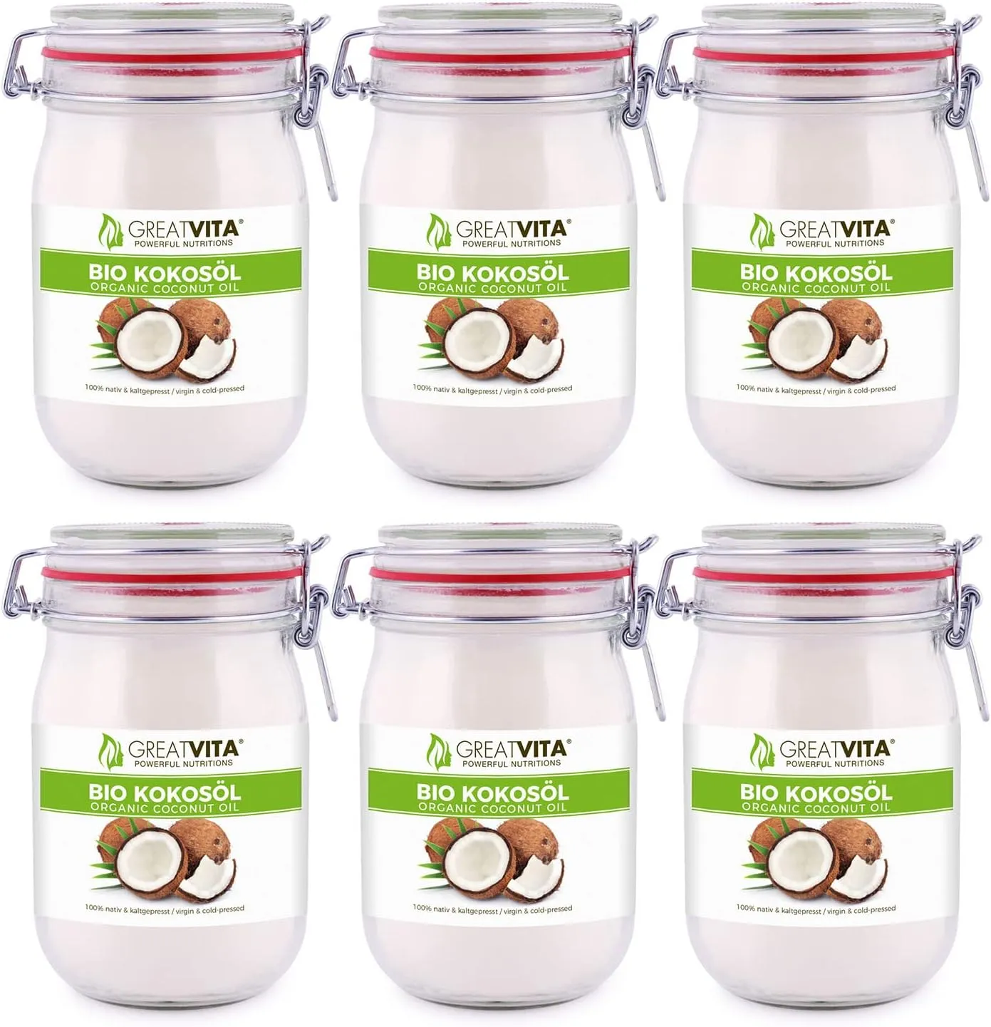 GreatVita Bio Kokosöl, nativ, 6er Pack (6 x 1000 ml) im Bügelglas